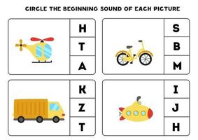 planilha para crianças. encontre o som inicial. meio de transporte dos desenhos animados. vetor