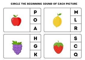 planilha para crianças. encontre o som inicial. frutas dos desenhos animados. vetor