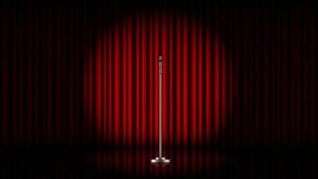 microfone com suporte no palco com cortina vermelha e spot light, ilustração vetorial