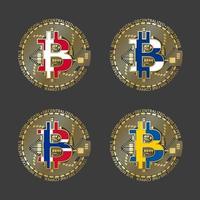 quatro ícones bitcoin dourados com bandeiras da Dinamarca, Finlândia, Noruega e Suécia. símbolo de tecnologia de criptomoeda. ícones de dinheiro digital vetor isolados em fundo cinza