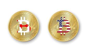 quatro moedas de ouro bitcoin com bandeiras do Canadá e da América. vetor ícones criptomoeda isolados no fundo branco. símbolo de tecnologia blockchain