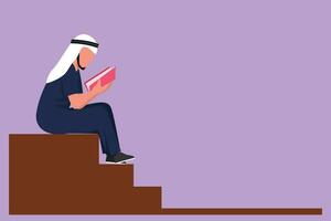 personagem plano desenhando árabe homem lendo livro sentado em escadaria. inteligente masculino leitor desfrutando literatura ou estudo, preparando para exame. aluna lendo às escola. desenho animado Projeto vetor ilustração