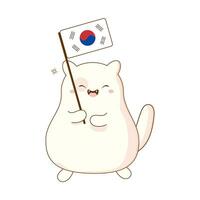 fofa kawaii coreano gato segurando uma bandeira. vetor