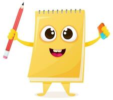 fofa desenho animado caderno personagem segurando uma lápis e borracha vetor