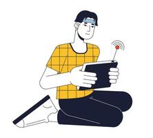 feliz ásia homem com sem fio ao controle console plano linha cor vetor personagem. editável esboço cheio corpo pessoa em branco. simples desenho animado local ilustração para rede gráfico Projeto