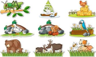 Conjunto de adesivos com diferentes animais selvagens e elementos da natureza vetor