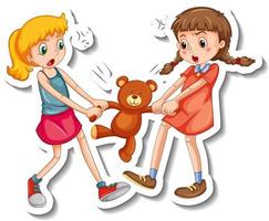 modelo de adesivo com duas meninas brigando por um ursinho de pelúcia em fundo branco vetor