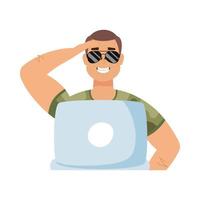 homem avatar com óculos e desenho vetorial de laptop vetor