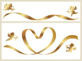 Conjunto de dois modelos de cartão de dia dos namorados com fitas de ouro e cupidos. vetor