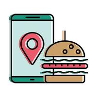 Hambúrguer de entrega de comida e marca gps em design de vetor de smartphone