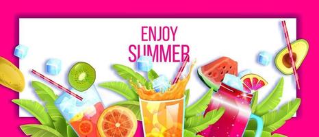 banner de coquetel de verão, fundo exótico tropical, copo de limonada, bebidas geladas, frutas, gelo vetor