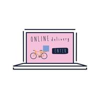 campanha de letras de entrega onflat com bicicleta em estilo simples de laptop vetor