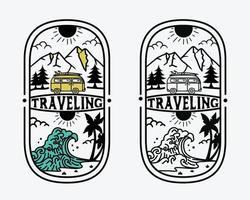 férias retrô aventura ao ar livre, aventura vintage definir modelo de logotipo com carro de viagens. vetor