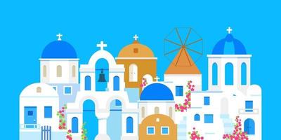 santorini. Grécia. edifícios de arquitetura tradicional. casas gregas brancas tradicionais com telhados azuis, igrejas e um moinho. ilustração em vetor plana