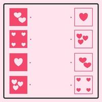 jogo de quebra-cabeça educacional que faz as linhas de conexão para encontrar os pares corretos. forma geométrica do amor do coração. planilha de treinamento cerebral para crianças vetor