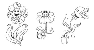 conjunto do groovy monstro flores e plantas com dentes. dia das Bruxas retro Preto flor predatório dentro desenho animado linha estilo. vetor