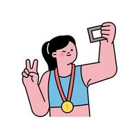 a atleta leva uma selfie com uma ouro medalha suspensão por aí dele pescoço. vetor