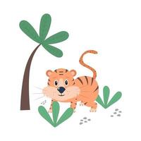 tigre bonito está se escondendo nos arbustos da selva. ilustração do conceito de vetor de berçário. perfeito para pôster, papel de parede, impressão ou cartão de felicitações.