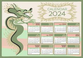 a4 calendário 2024. chinês ano do verde de madeira Dragão. semana começa em Domingo. vetor ilustração