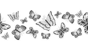 banner de borda sem costura com silhueta preta abstrata de borboletas voadoras bonitas isoladas em fundo branco para fita decorativa vetor