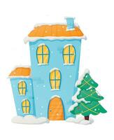 ilustração de natal isolada em vetor de inverno da casa dos desenhos animados com neve e luz nas janelas, árvore de natal