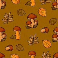 desatado outono padronizar. floresta cogumelos em verde fundo com colorida outono folhas. vetor ilustração .