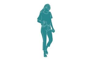 ilustração em vetor de mulher casual caminhando na sideroad com seu café, estilo simples com contorno