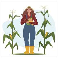 mulher agricultora com espigas de milho nas mãos. ilustração vetorial em estilo simples vetor