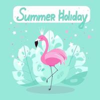 cartaz flamingo rosa para férias de verão, flamingos em um fundo de folhas de palmeira. pássaro exótico, ilustração vetorial em estilo simples. vetor