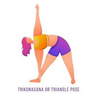 ilustração em vetor plana trikonasana. pose de triângulo. mulher caucausiana fazendo ioga em roupas esportivas laranja e roxas. treino, fitness. exercício físico. personagem de desenho animado isolado em fundo branco