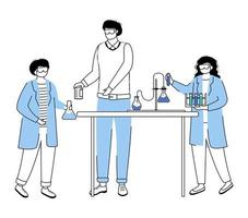 ilustração em vetor contorno plana aula de ciências. conduzindo experimento com desenho simples de tubos de ensaio. crianças e professor de química isolaram personagens de desenhos animados em fundo branco