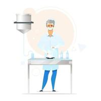 ilustração em vetor químico cor lisa. indústria de cosméticos. homem em laboratório. desenvolvimento de soluções de beleza. trabalhador de laboratório. cara misturando substâncias. personagem de desenho animado isolado em fundo branco