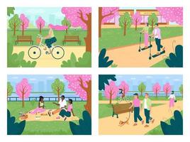 recreação em conjunto de ilustração vetorial de cores planas de parque de primavera vetor
