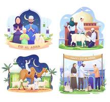 conjunto de família muçulmana feliz celebra o eid al adha mubarak com uma cabra em uma mesquita frontal. ilustração vetorial vetor