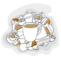 mão desenhado arte do café copos e sobremesas Projeto para internacional café dia modelo vetor