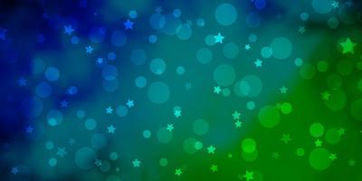 luz azul, padrão de vetor verde com círculos, estrelas. ilustração com conjunto de esferas abstratas coloridas, estrelas. design para têxteis, tecidos, papéis de parede.