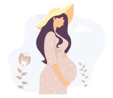 linda garota grávida usando chapéu de sol no fundo decorativo vetor