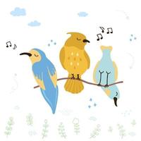 ilustração em vetor colorida de pássaros cantores bonitos. pode ser usado para impressão de camiseta infantil, impressão de tecido, tecido, roupas de bebê, decoração de quarto infantil, convite, cartão de felicitações e pôsteres