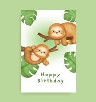 cartão de aniversário com preguiça fofa em estilo aquarela vetor