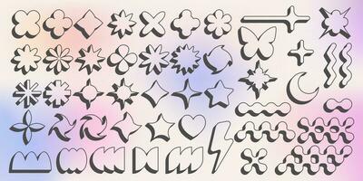 abstrato geométrico elementos para Projeto. neobrutalismo gráfico formas. mínimo groovy ano 2000 retro adesivos. conjunto do retro rótulos. simples vetor flores, borboleta e estrelas.