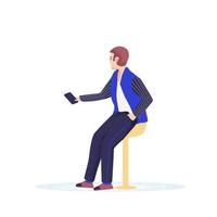 jovem sentado em uma cadeira confortável e tira uma selfie usando o gadget do smartphone. cara moderno com telefone celular. ilustração em vetor plana dos desenhos animados isolada no fundo.