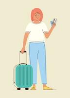 feliz mulher com uma mala de viagem vai em período de férias vetor ilustração