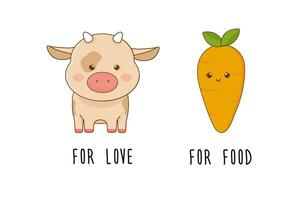 fofa kawaii animais vegetarianismo slogan para amor vetor