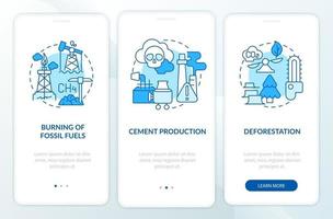emissões antropogênicas de carbono integrando a tela da página do aplicativo móvel com conceitos. passo a passo da produção de cimento - instruções gráficas de 3 etapas. modelo de vetor ui, ux, gui com ilustrações coloridas lineares