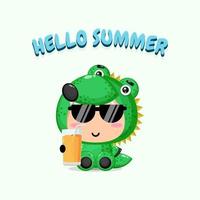 O mascote fofo do crocodilo traz suco com saudações de verão vetor