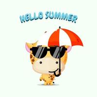 Mascote girafa fofa carregando guarda-chuva e cumprimentos de verão vetor