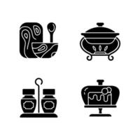 ícones de glifo preto de talheres modernos definidos no espaço em branco. talheres de madeira para cozinha. bandeja de aquecimento para refeição. prato de atrito que mantém os alimentos quentes. símbolos de silhueta. ilustração isolada do vetor