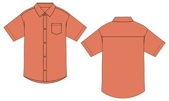 curto manga tecido tecido camisa técnico desenhando moda plano esboço vetor ilustração modelo frente e costas