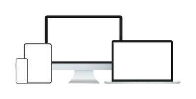 realista conjunto do monitor, computador portátil, tábua, Smartphone brincar. dispositivo brincar para ui ux aplicativo e local na rede Internet vetor