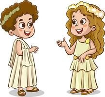 fofa pequeno menina e Garoto dentro a antigo grego fantasia. vetor ilustração